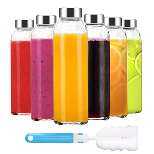 Luxfuel Clear Glass Bottles with Lids 18 oz, Reusable Glass Water Bottles with Stainless Steel Cap for Juicing,Refrigerator,100% Leak Proof, BPA Free Eco Friendly,Set of 6