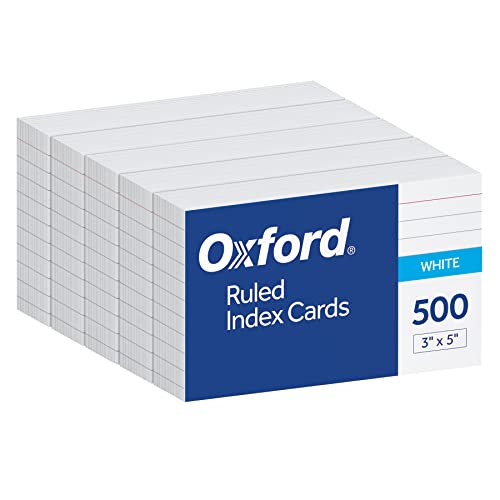 Oxford Index Cards, 500 Pack, 3x5 Index Cards, Ruled on Front, Blank on Back, White, 5 Packs of 100 Shrink Wrapped Cards (40176)