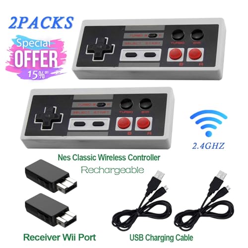 Snorain 2 Pack Rechargeable NES Classic Mini Wireless Controller -TURBO/HOME EDITION-Rapid Buttons Edition for Nes Wii Gaming System with 2.4G Wireless Receiver(2023 Upgraded)