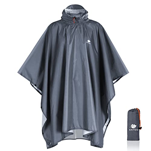 Anyoo Waterproof Rain Poncho Lightweight Reusable Hiking Hooded Coat Jacket for Outdoor Activities(Grey) One Size