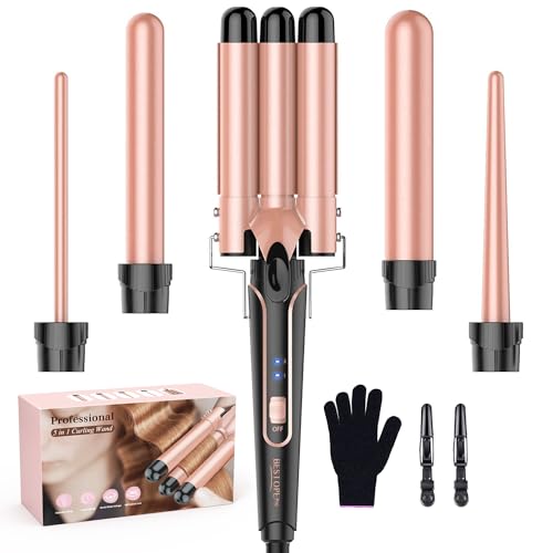 Waver Curling Iron Curling Wand - BESTOPE PRO 5 in 1 Curling Wand Set with 3 Barrel Hair Crimper for Women, Fast Heating Crimper Wand Curler in All Hair Type - Rose Gold