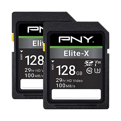 PNY 128GB Elite-X Class 10 U3 V30 SDXC Flash Memory Card 2-Pack - 100MB/s, Class 10, U3, V30, 4K UHD, Full HD, UHS-I, Full Size SD