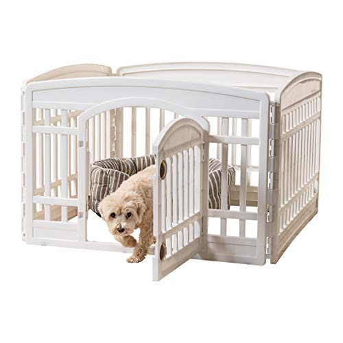 IRIS USA Dog Playpen, 4-Panel 24' Pet Playpen with Door, Puppy Playpen, Indoor/Outdoor Dog Pen, 35 x 35 x 24, Foldable, Customizable, White