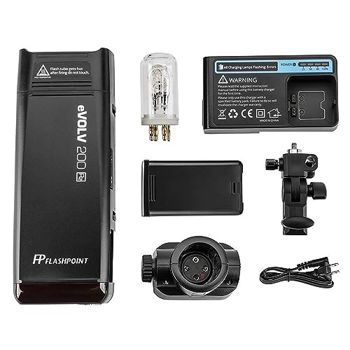 Flashpoint eVOLV 200 R2 TTL Pocket Flash Kit - 200Ws, 1/8000 HSS, 500 Full Power Flashes, 0.01-1.8s Recycling w/2900mAh Battery, Bare Bulb/Speedlite Flash Head Monolight for Strobe Light Photography