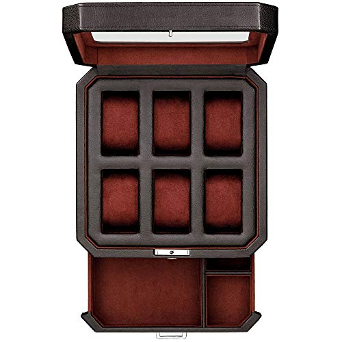 ROTHWELL 6 Slot Leather Watch Box with Valet Drawer - Luxury Watch Case Display Organizer, Microsuede Liner, Locking Mens Jewelry Watches Holder, Men's Storage Boxes Holder Large Glass Top (Black/Red)