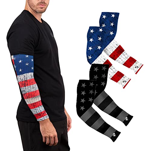 S A Compression Arm Sleeves for Men and Women - UPF 30+ Sun Protection, Moisture Wicking, 4-Way Stretch Arm Sleeves for Work & Sports (American Flag & Blackout American Flag, 4 Pack)