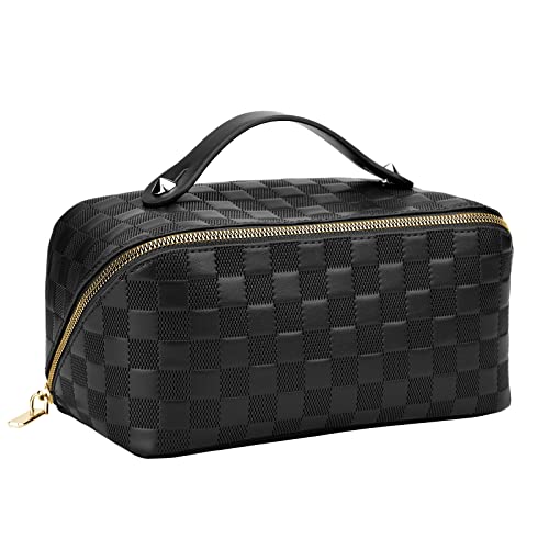 gruciso Large Capacity Makeup Bag, Zipper Women Cosmetic Bag, Travel Makeup Organizer Case, PU Leather Waterproof Cosmetic Bag, with Handle and Divider Flat Lay Cosmetic Bags (Deep Black)