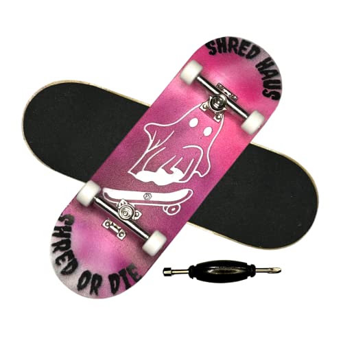 Shred Haus Complete Fingerboard - Ghost | Professional Board Shape and Size - 32mm x 98mm | Bearings, Wheels, Trucks, Lock Nuts | Wooden Board, Pro Series Finger Board, Finger Skateboards