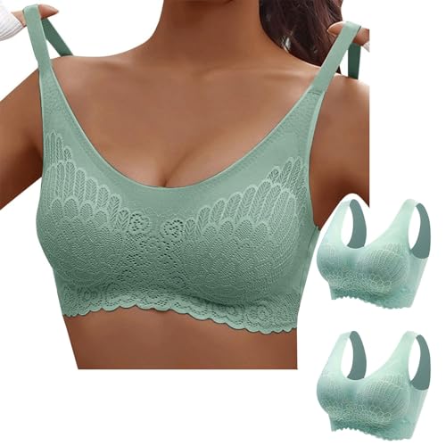 2PC Women's No Underwire Floral Lace Bra Full Coverage Comfort Beauty Back Bralettes Breath Support Lift Everyday Bra Green