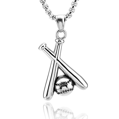 HZMAN Baseball and Baseball Bat Cross Sports Stainless Steel Pendant Necklace 22+2'' Chain (Silver)