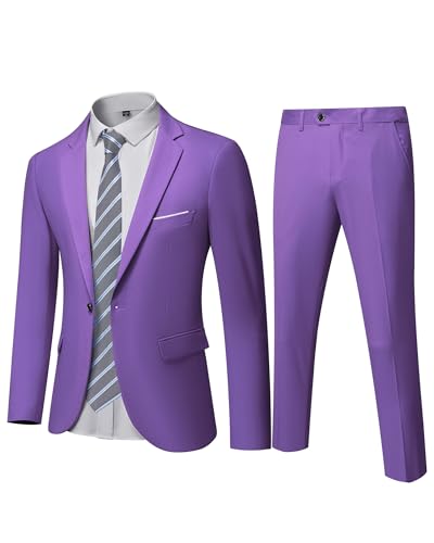 YND Men's Slim Fit 2 Piece Suit, One Button Jacket Pants Set with Tie, Solid Party Wedding Dress Blazer, Tux Trousers, Purple