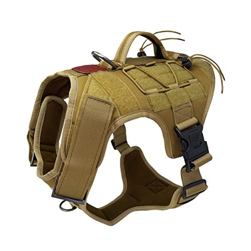 Albcorp Tactical Dog Vest Harness – Military MOLLE Modular System - No-Pull Service Dog Vest, Front Leash Clip with Hook & Loop Panels, Padded Handle, for Medium, Large Dogs - Coyote Brown, Medium