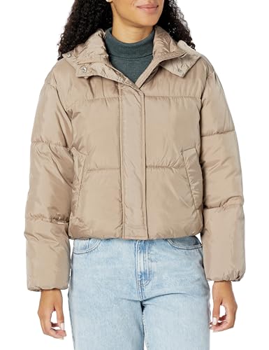 Urban Republic Women's Juniors Short Hooded Puffer Jacket, Khaki
