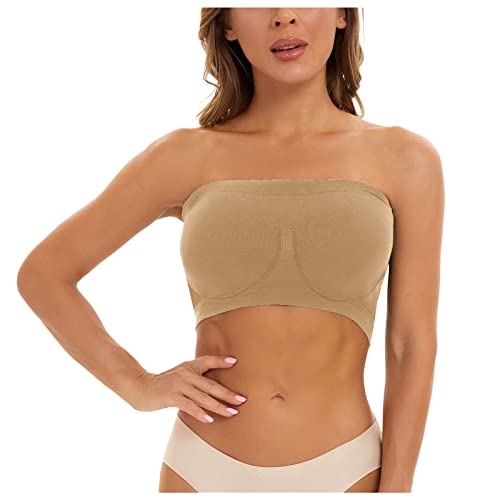 Women Strapless Front Buckle Lift Bra, Wire-Free Anti-Slip Invisible Underwire Plunge Bandeau Backless Push up Bra(Khaki,L)