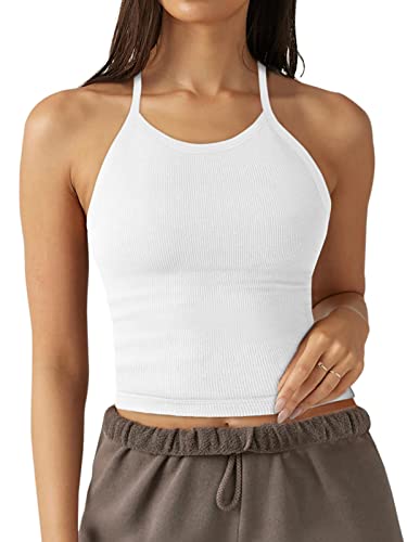 LASLULU Womens Sports Bra Halter Neck Crop Tops Seamless Casual Camisole Longline Running Athletic Bra Cropped Tops(White Large)