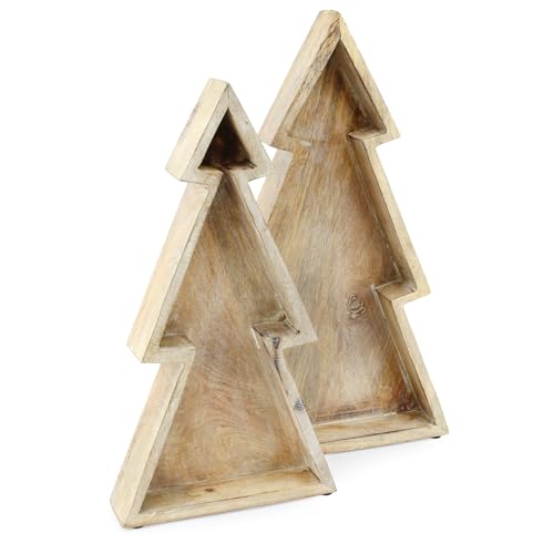 AuldHome Wooden Christmas Tree Trays (Nested Set of 2, Natural), Distressed Rustic Farmhouse Style Holiday Christmas Serving Decorative Platters