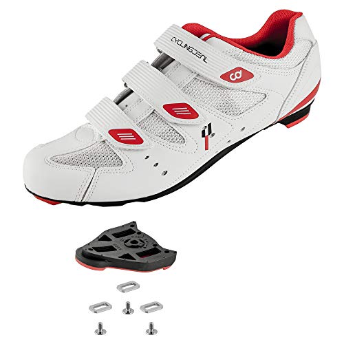CyclingDeal Bicycle Road Bike Universal Cleat Mount Men's Cycling Shoes White with 9-Degree Floating Look ARC Delta Compatible Cleats Compatible with Peloton Indoor Bikes Pedals Size 45