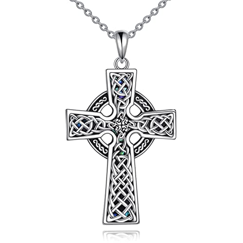 YONFQE Celtic Cross Necklace Sterling Silver Abalone Shell Irish Cross Pendant Fashion Jewelry Gift for Women Men (Celtic Cross Ⅲ)