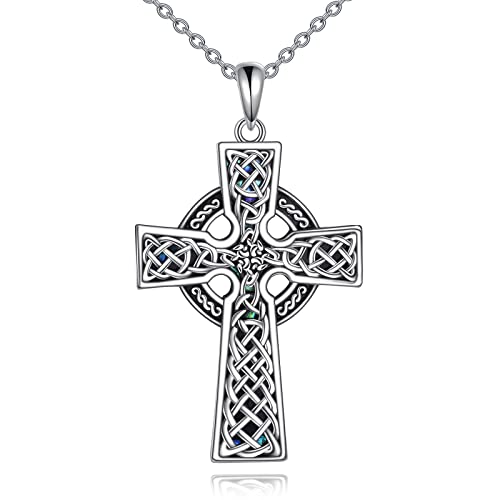 YONFQE Celtic Cross Necklace Sterling Silver Abalone Shell Irish Cross Pendant Fashion Jewelry Gift for Women Men (Celtic Cross Ⅲ)