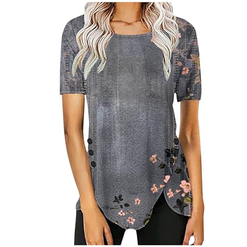 Ceboyel Women Dressy Causal Summer Blouses Button Decor Short Sleeve Shirts Boho Floral Tops Tshirts Trendy Clothes 2024 Tops for Women Trendy Summer Gray 5X