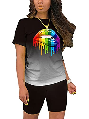 MRSYVES Sexy Short Sets Women 2 Piece Outfits Tie Dye Lips Print Shirt Shorts Pants Rompers Plus Size Summer Tracksuit Sweatsuit Sets Black 3XL