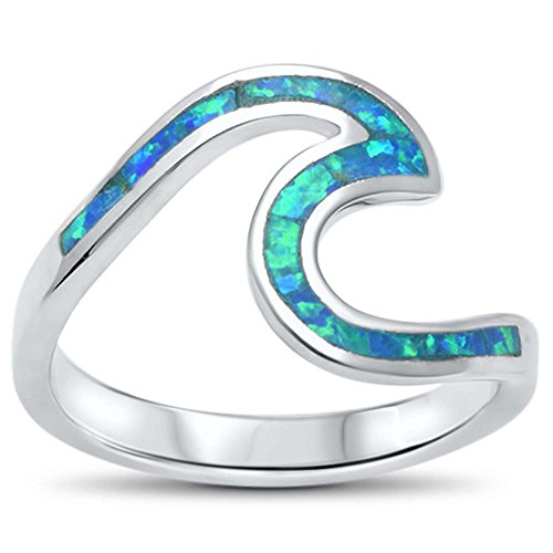 Oxford Diamond Co Wave Ocean Beach Lab Created Opal .925 Sterling Silver Ring Sizes 4-12. Colors Available (Lab Created Blue Opal, 6)