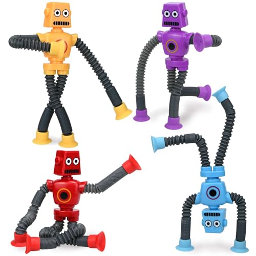 COLEGRY Pop Tubes Robot Fidget Toys (4 Pack), Telescopic Suction Cup Robotics Toy, Toddler Fine Motor Skills & Creative Learning, Autism Sensory Toys for Kids Age 3-6, Party Favors Boy Girl Gifts
