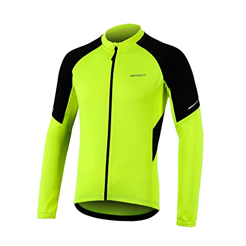 BERGRISAR Men's Basic Cycling Jerseys Long Sleeves Bike Bicycle Shirt Zipper Pockets BG012 Yellow Size Medium