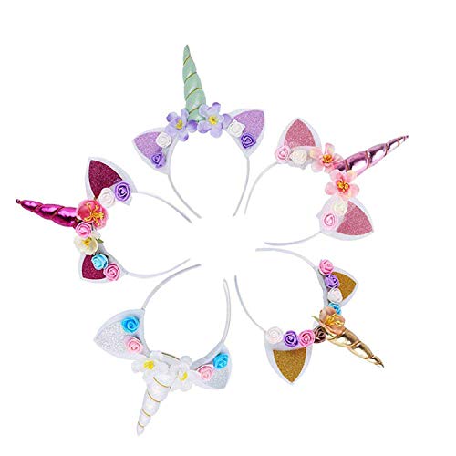 Vanteriam 5PCS Glitter Unicorn Horn Headband, Flower Ears Unicorn Headbands for Girls, Birthday Unicorn Party Supplies, Cosplay Costume