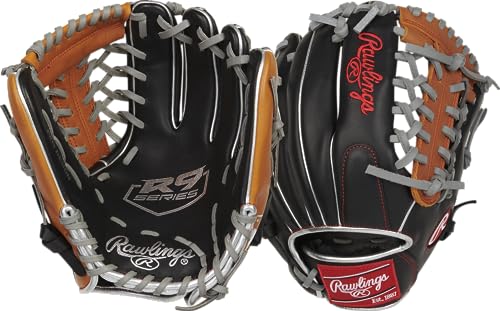 Rawlings | R9 Contour Baseball Glove | 11.5' | Modified Trap-Eze Web | Right Hand Throw, Contour Fit - 11.5 Inch - Modified Trap-eze Web - Black/Tan