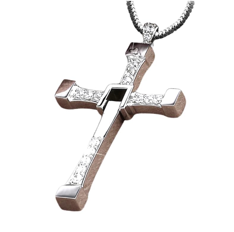 S925 Silver Cross Pendant Necklace for men ~ FF9 Dominic Jakob Toretto Necklace ~ Silver Jewelry For Men Women ~ Solid Silver Inlaid Zircons Rotatable pendant By Fantasy World (Large pendant 64mm X 42mm, W3.0mm L70cm Chain)