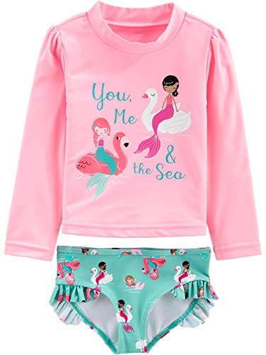 Simple Joys by Carter's Girls' 2-Piece Assorted Rashguard Sets, Aqua Green Swan/Pink Mermaid, 5T
