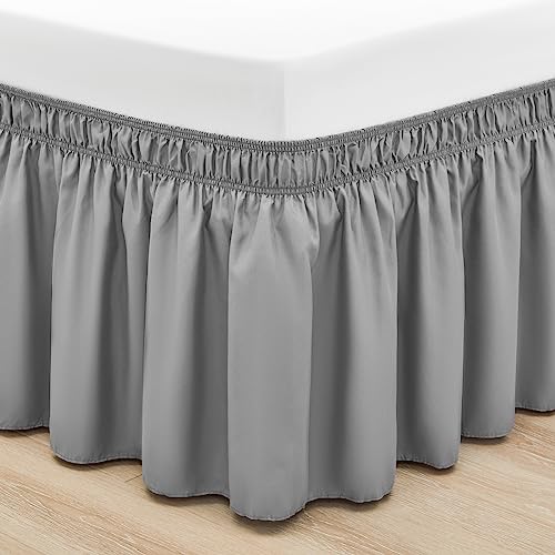 RIMELA Grey Bed Skirt Queen Size 15 Inch Drop Solid Dust Ruffles Wrinkle and Fade Resistant with Elastic Belt Light Gray Bedskirt for Adjustable Bed