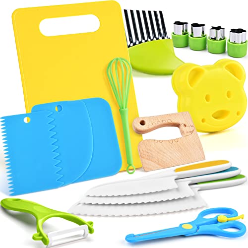17PCS Kids Cooking sets Real Cooking Montessori Kitchen Tools for Toddlers Kids Safe Knives for 2/3/4/5/6/7/8 Year Old