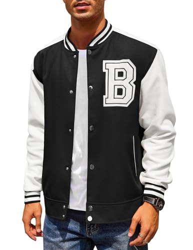 COOFANDY Black Bomber Jacket Men Varsity Letterman Jackets with Embroidery Letter B