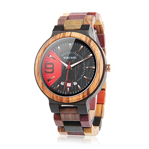 BOBO BIRD Men's Colorful Wooden Watches Analog Quartz Date Display Wood Watch Handmade Luxury Casual Wristwatch with Gifts Box for Men