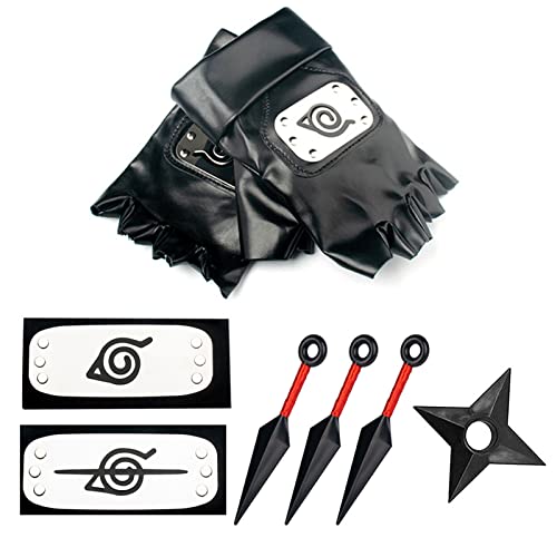 Justploy 6PCS Anime Cosplay Set Ninja Gloves and 2 Pack Anime Cosplay Headband, 3PCS Small Plastic Kunai, Anime Cosplay Accessories Black