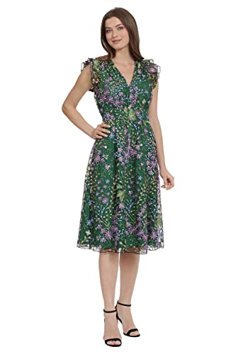 Maggy London Women's V-Neck Garden Floral Embroidered Dress Colorful Feminine Party Event Occasion Guest of, Lavender/Green Multi, 12