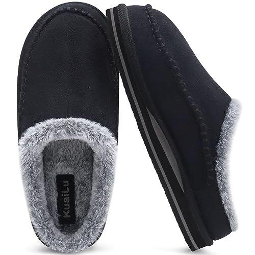 KuaiLu Mens Memory Foam Clog Slippers Comfy Handmade Stitch Microsuede Slip-on House Shoes With Arch Support Warm Faux Fur Lined Rubber Sole Indoor Outdoor Black Size 9