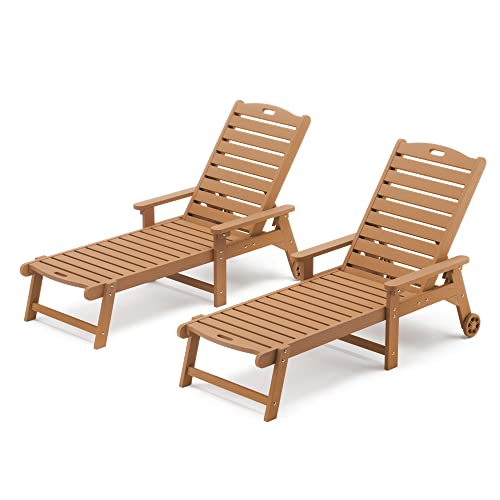 LUE BONA Outdoor Chaise Lounge Chairs Set of 2, HDPS Material, 3-Year Warranty, Patio Lounge Chair with Adjustable Backrest, Resin Pool Lounge Chairs with Wheels for Outside, Poolside, Teak Color