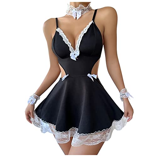Maid Lingerie Dress for Women Sexy French Babydoll Bodysuit Lace Ruffle Anime Cosplay Costume Clubwear Teddy Outfits