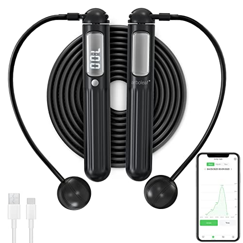 arboleaf Smart Jump Rope, Cordless & Rechargeable Jump Ropes for Fitness with Counter, App Data Analysis Jumping Rope, Adjustable Anti-Tangle PVC Black Jump Rope for Men, Women, Kids - Indoor/Outdoor