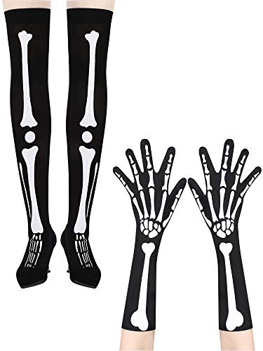 2 Pairs Halloween Skeleton Gloves Stockings Set, Halloween Skeleton Stocks and Full Finger Bones Gloves Long Arm Gloves Knee Thigh High Stocks for Halloween Party Costume Accessories(Skeleton) Black
