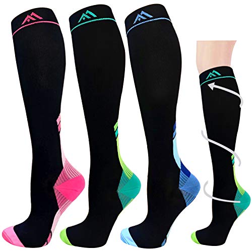 Hi Clasmix 3 Pairs Graduated Compression Socks for Women&Men 20-30mmhg Knee High Sock (Multicoloured 2, Large/X-Large(US SIZE))