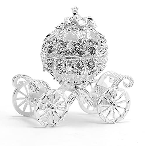 MDEOOSKY Silver Diamond Pumpkin Carriage Jewelry Box, Cinderella Pumpkin Carriage Decorative Hinged Jewelry Trinket Box, Hollow Diamond Pumpkin Carria