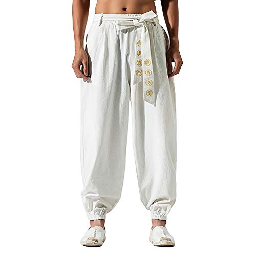 HAORUN Men Chinese Style Kung Fu Pants Tai Chi Loose Trousers Linen Casual Retro Wide Leg White