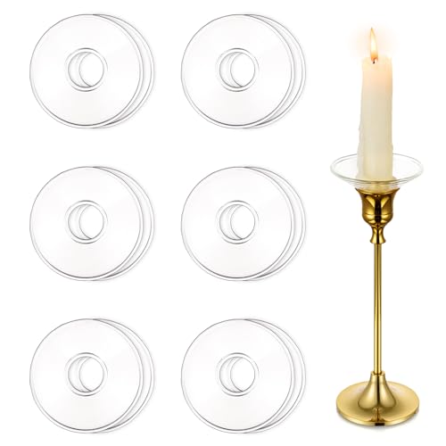Hewory Glass Bobeches for Candlestick Holders, 12 Pcs Candle Drip Protectors Candle Rings for Tapers, Candle Drip Catcher for Candle Stick Candle Holder for Wedding Party Church Home (Round, Clear)