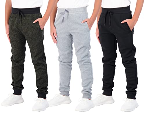 3 Pack: Boys Girls Youth Teen Active Athletic Basic Soft Tech Sports Fleece Jogger Soccer Track Gym Running Slim Fit Tapered Sweatpants Casual French Terry Quick Dry Fit Pockets-Set 3,S(8)