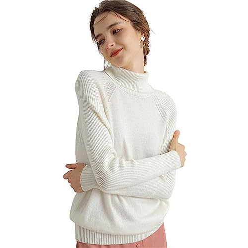 HEYDHSDC Women's Turtleneck Merino Wool Sweater Pullover Long Sleeves Knitting Jumper White M