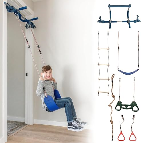 Gym1 6-Piece Indoor Doorway Gym Set Professional Grade Steel Holds 300 Lbs | Includes Sensory Swing Chair, Pull-Up Bar, Rings, Hanging Trapeze, Ladder & Knotted Rope | Kids 3 & Above - Blue